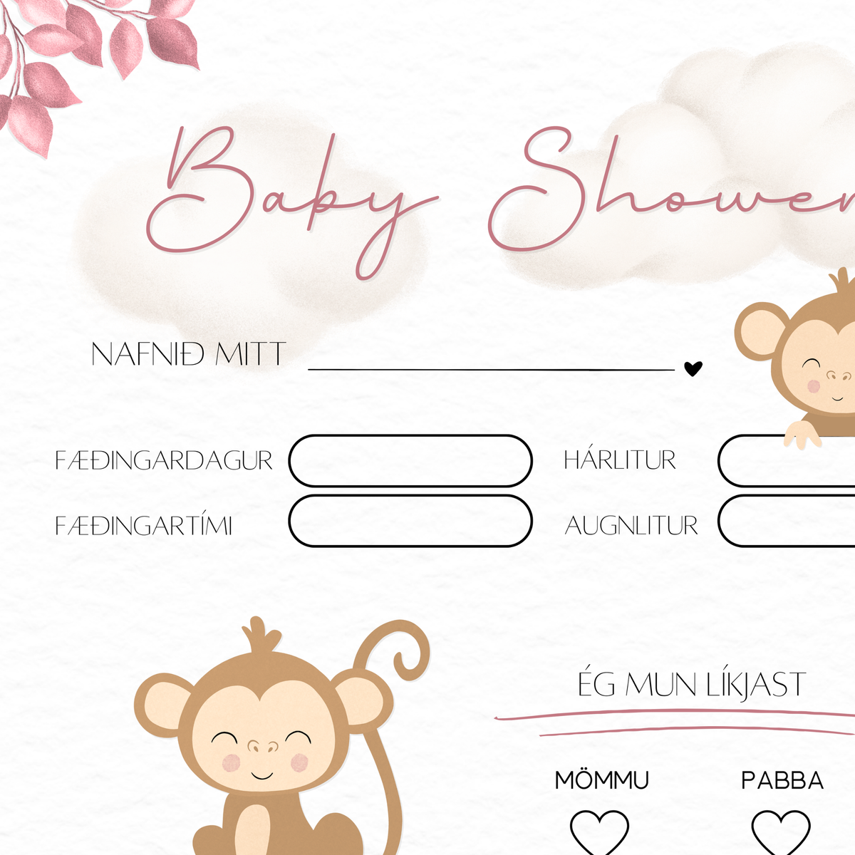 Apa Baby Shower Spjald | Laufblöð