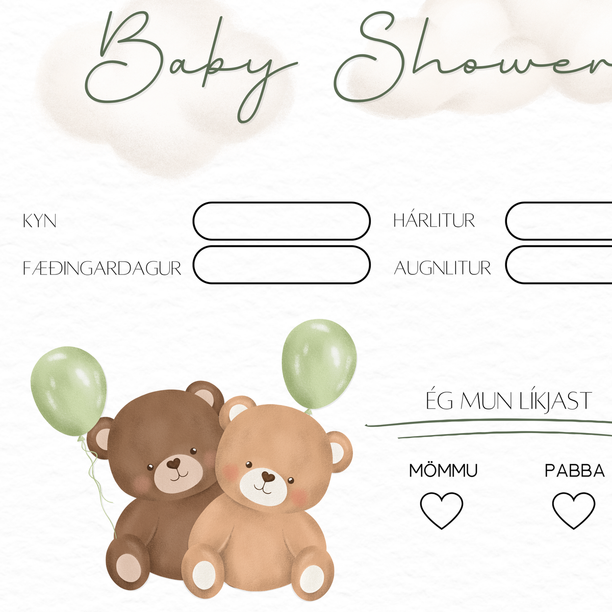 Baby Shower Spjald | Bangsar Grænar Blöðrur