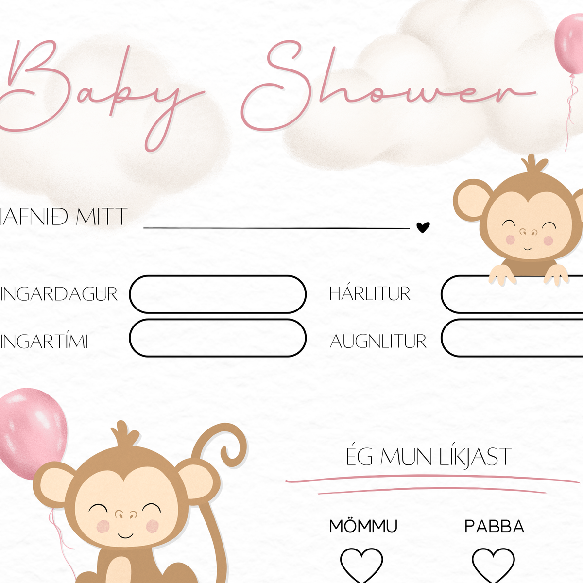 Monkey Baby Shower Predictions Card | Balloons