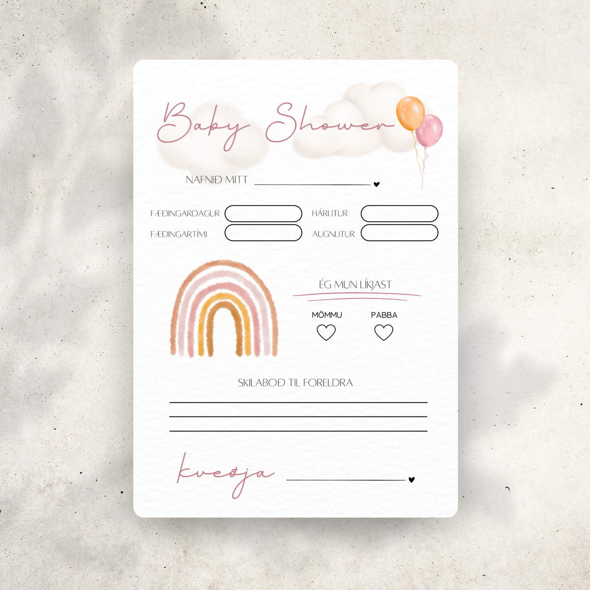 Rainbow Baby Shower Predictions Card | Pink