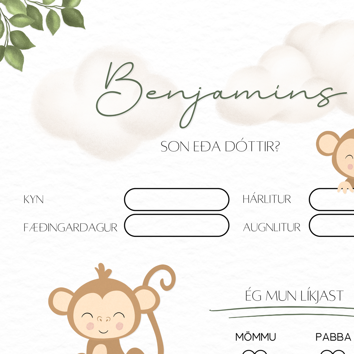 Apa Baby Shower Spjald | Laufblöð