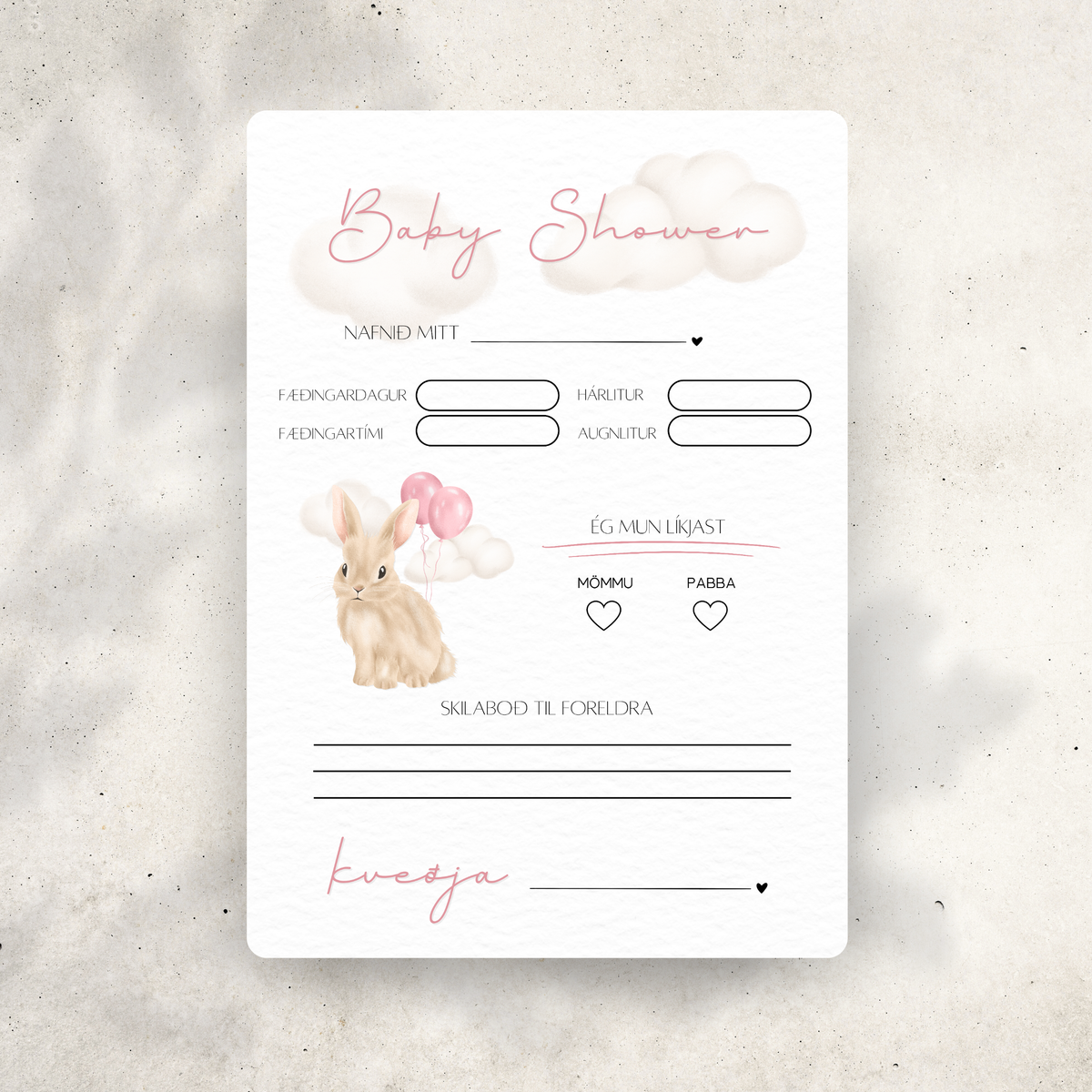 Bunny Baby Shower Predictions Card | Pink