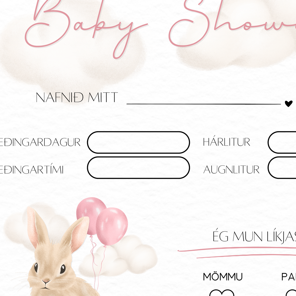 Bunny Baby Shower Predictions Card | Pink