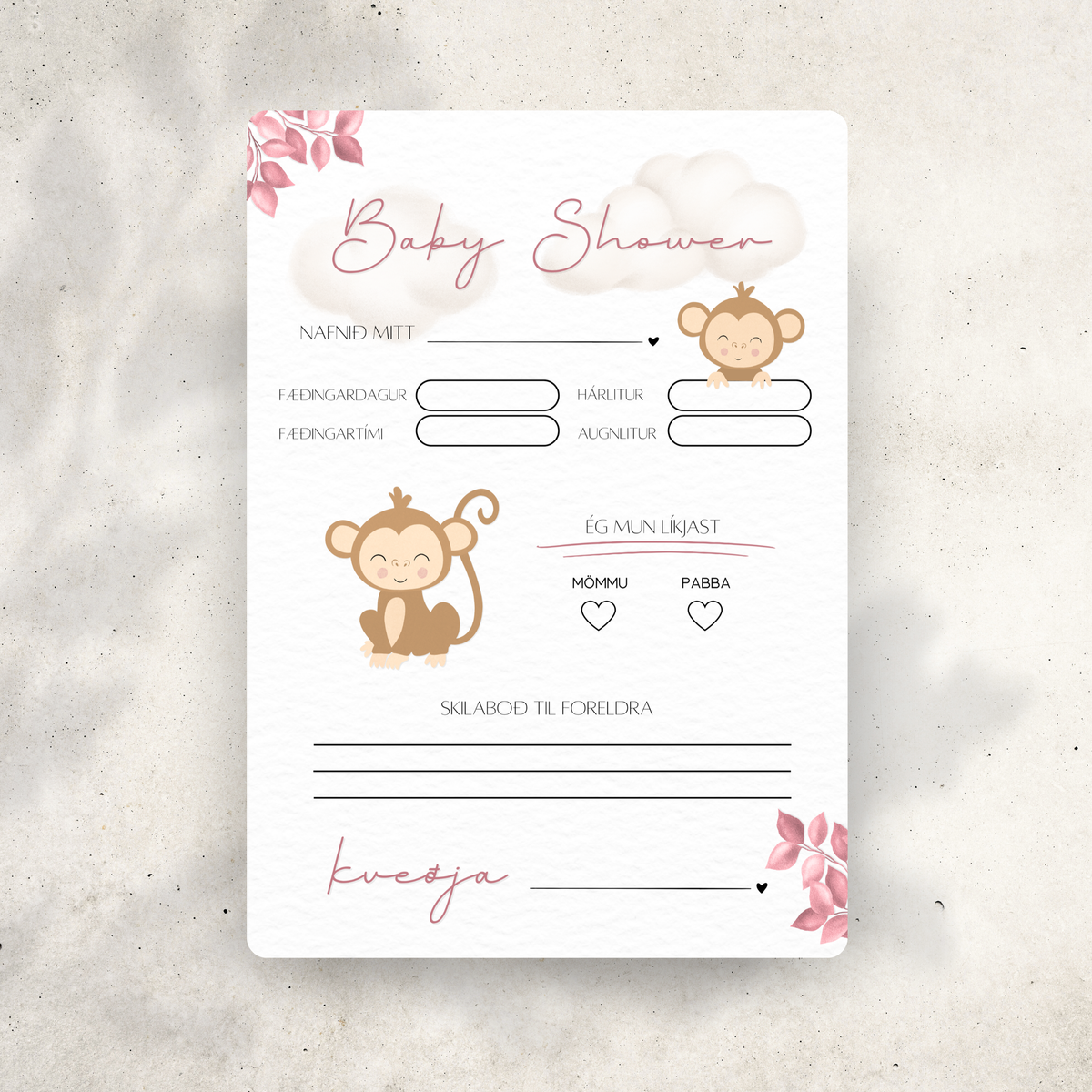Apa Baby Shower Spjald | Laufblöð