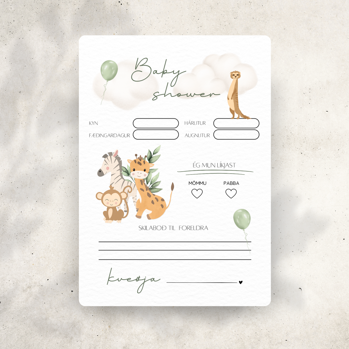 Safari Baby Shower Predictions Card
