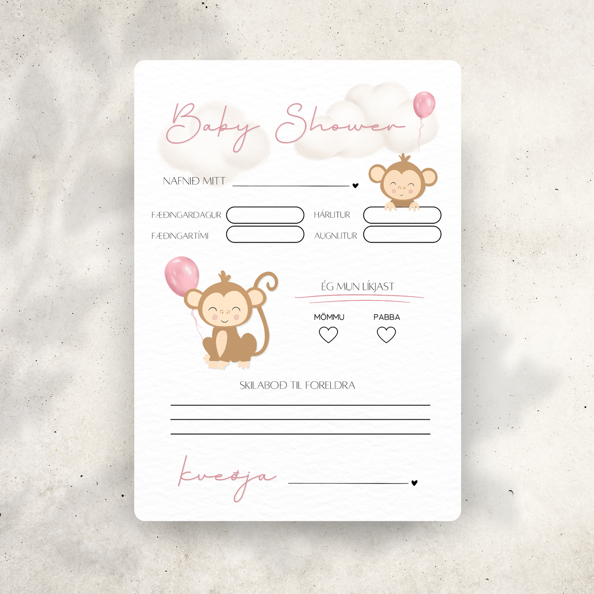 Monkey Baby Shower Predictions Card | Balloons